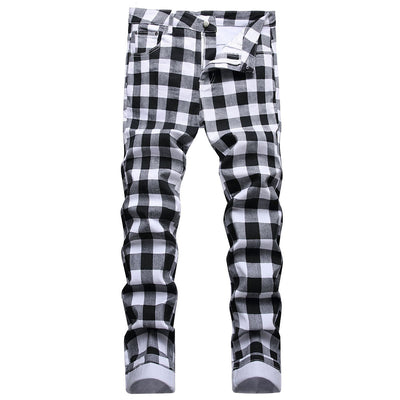 Men&#39;s Black and White Plaid Printed Jeans Fashion Check Digital Print Slim Straight Pants Stretch Trousers