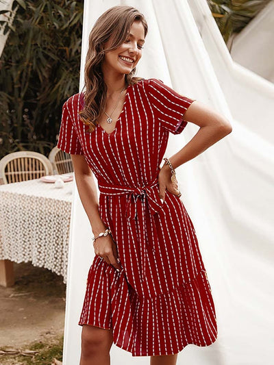 Aachoae V Neck Casual Stripe Dress Short Sleeve Office Midi Dress Fashion Lady A Line Dresses Bandage Sundress Vestidos Mujer