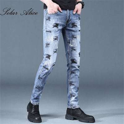 Free Shipping 2021 Men&#39;s Four Seasons New Mid-Waist Jeans With Printed Slim Quality Stretch Pants Youth Casual Pants