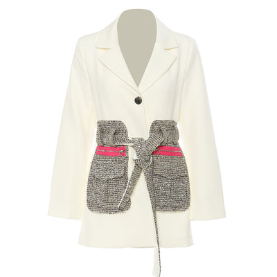 Stylish Tweed Pocket Patchwork Casual Blazer Jacket For Business Women Calssic Black/White Color Spring Fall Jacket With Belt