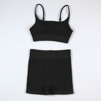 ATHVOTAR Short Yoga Sets Fitness Woman Sport Set Skinny Sportswear Workout Tops and Ribbed Gym Shorts Two Piece Set Summer