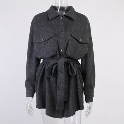 Lady Solid Apricot Wool Coat Long Sleeve Elegant Office Jacket Female Turn Down Collar Casual Winter Belt Jacket Coat Women 2021