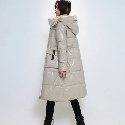 New women's Long Down Cotton Jacket Glossy No Wash Quilted Cotton Jacket Winter Warm Coat Windproof Casual Hooded Parka Overcoat