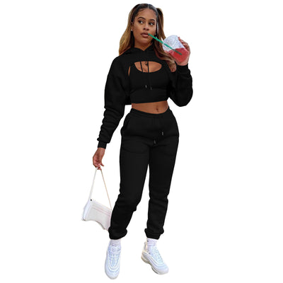 New Autumn Winter Casual 3 Three Piece Sport Suits Women Tracksuit Cotton Tank Tops+hooded Long Sleeve Hoodies+jogger Sweatpants