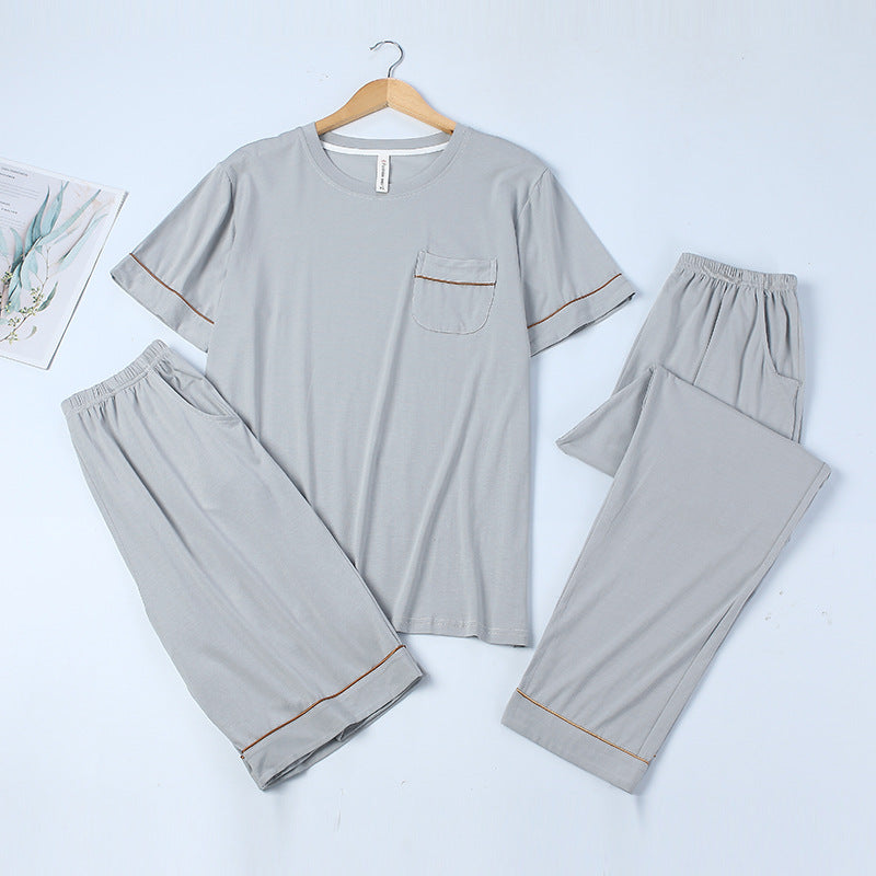 Male Modal Pajamas Suit Men Summer Short Sleeve Comfortable Loose Casual Three Piece Set Novelty Masculino Roupa Pyjamas Suit