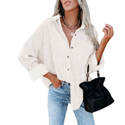 Cotton Casual Corduroy Blouse Women Strip Oversized Women Shirt Jacket Vintage Button Pocket Loose Fashion Blouses Tops 17787