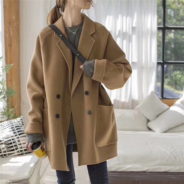 Double-faced Cashmere Blends Coat Women's 2021 New Style Mid-length Lapel High-end Wool Jacket For Autumn Winter пальто