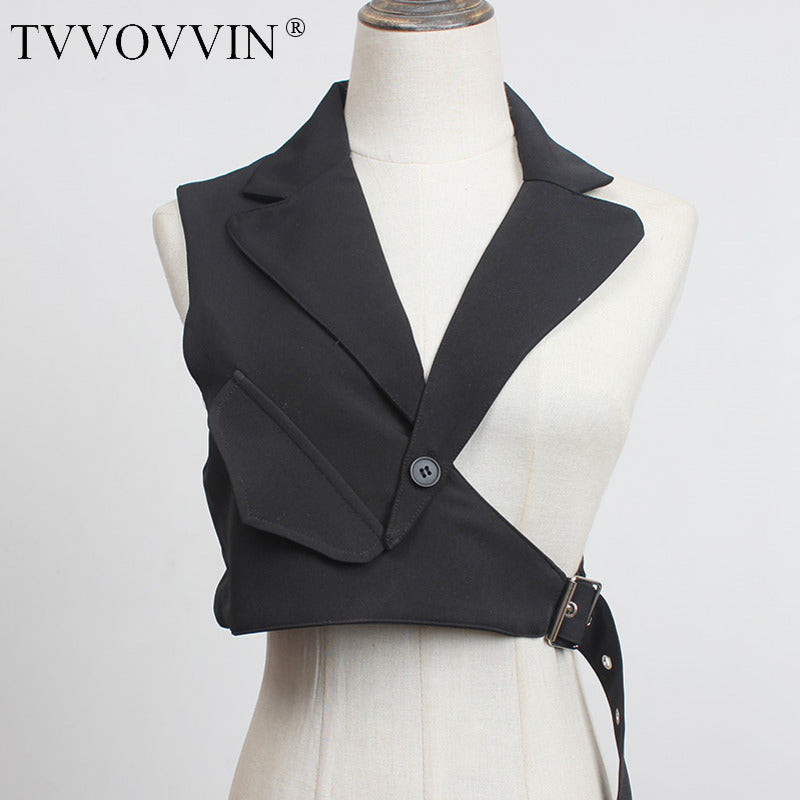 TVVOVVIN Patchwork Women Waistcoat Plaid One Shoulder Asymmetry Waistcoats Women Irregular Vest Coat Fashion Vest Jacket BT6Z