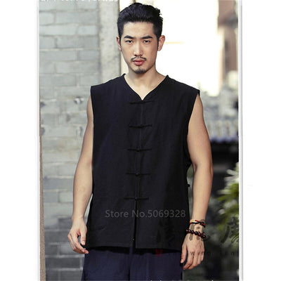 Chinese Tang Suit Top Sleeveless Vest Traditional Chinese Clothing for Men Cotton Buckle Manual V Neck Casual  Outfits