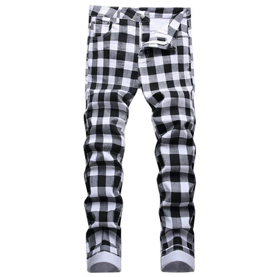 Men's Black and White Plaid Printed Jeans Fashion Check Digital Print Slim Straight Pants Stretch Trousers