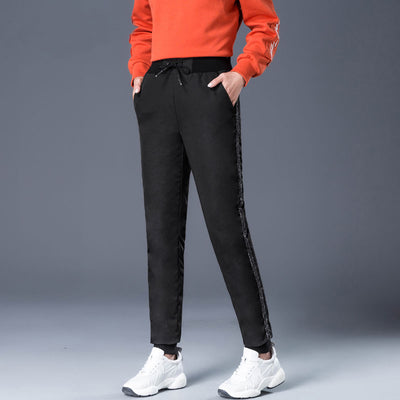 Autumn Winter Casual Panelled Side Stripe Down pants women duck down high waist Pencil pants thick Plus Size cotton trousers 835