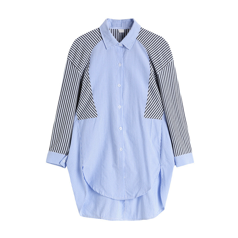 Striped Stitching Blue Shirt Women&#39;s Long-sleeved Top Spring New Design Loose Casual Mid Length Thin Cardigan Coat Female Blouse