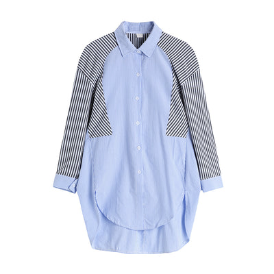 Striped Stitching Blue Shirt Women's Long-sleeved Top Spring New Design Loose Casual Mid Length Thin Cardigan Coat Female Blouse
