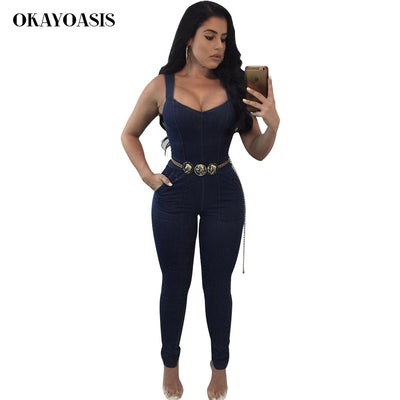 OKAYOASIS Sexy Sleeveless Denim Jumpsuit Women Skinny Denim Pants Fashion Pockets Washed Jeans Casual Nightclub Bandage Overalls