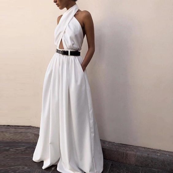 AHVIT New Style Crossover Design White Sashes Waist Loose Women Jumpsuits Sleeveless Backless Casual Fashion Romper YL2632
