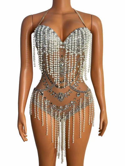 See Through Birthday Evening Celebrate Outfit Sparkly Silver Rhinestones Pearls Fringes Bodysuit Party Dance Singer Bodysuit