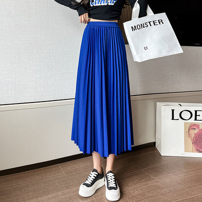 Loose Elastic Waist Pleated Long Skirt Woman 2022 Korean Elegant Fashion Big Swing Casual Organ Skirts Feminina