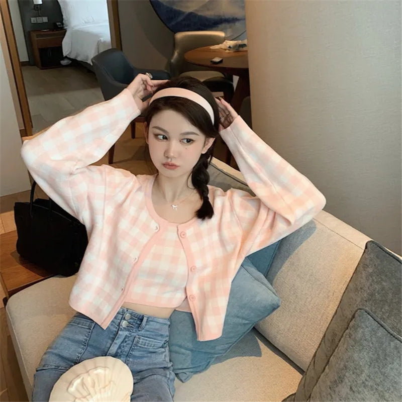 Korean Sweet Plaid Print Single Breasted Cropped Sweater+sling Vest 2piece Sets Spring Autumn O-neck Long Sleeves Women Sweater