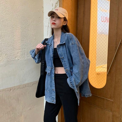 Women&#39;s Denim Jacket 2021 Korean Style Solid Lapel Long Sleeve Casual Blue Jacket Outwear Autumn Winter Loose Jeans Coats Female