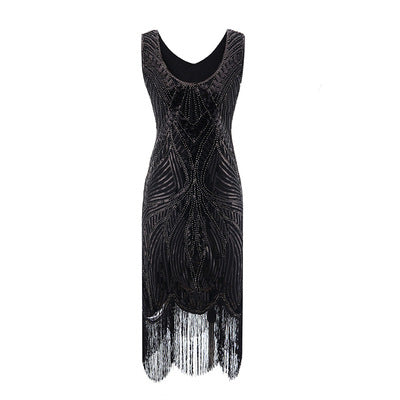 Plus Size 4XL 3XL 20s Women Party Dress Robe Charleston 1920s Great Gatsby Flapper Sequin Fringe Midi Dress Summer Retro Black