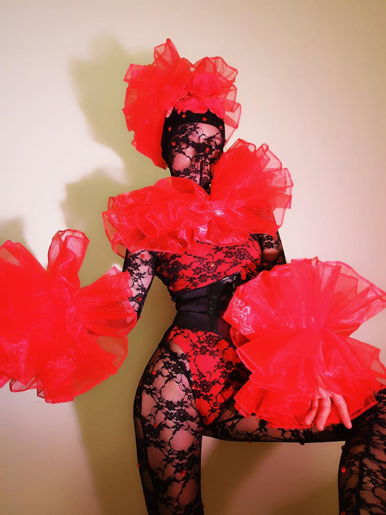 Bar Nightclub DJ Dance Team Sexy Costume Red Floral Black Lace Skinny Jumpsuit Masked Singer Stage Leotard Performance Clothes
