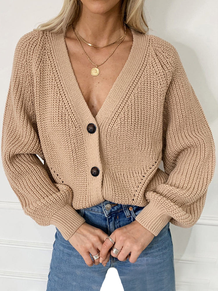 Zoki Women Knitted Cardigans Sweater Fashion Autumn Long Sleeve Loose Coat Casual Button Thick V Neck Solid Female Tops 2022