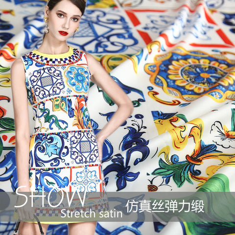 2021 new flower pattern imitation silk elastic satin/cotton polyester floral digital printing fashion fabric wholesale stock