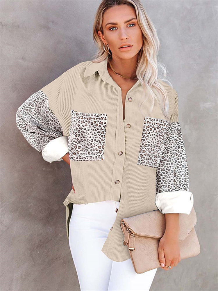 OMZIN Women&#39;s Casual Corduroy Shirt Long Sleeve V-Neck Loose Leopard Print Elements Coat Vintage Button Down Jacket