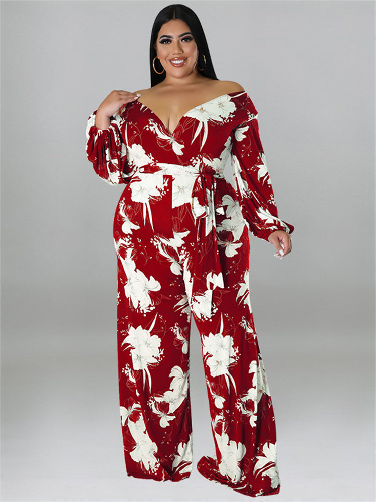 Wmstar Plus Size Jumpsuit Women with Bandage V Neck Flower Print Fall One Piece Outfit Wide Leg Bodysuit Wholesale Dropshipping