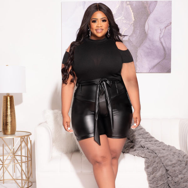 CM.YAYA Active Plus Size Women Two 2 Piece Set Outfits 2022 Summer T-shirt and Leather Shorts Matching Set Sashes Tracksuit