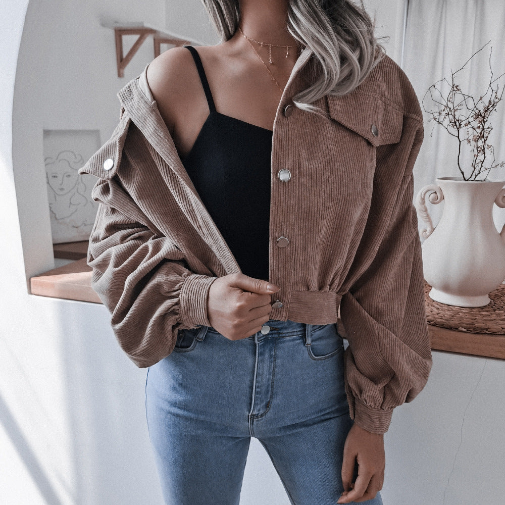 Autumn and Winter European and American Lantern Long Sleeve Corduroy Casual Jacket 2021 New Fashion Button Casual Solid Coats