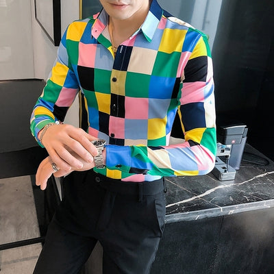2021 Autumn Colorful Plaid Shirts for Men Long Sleeve Casual Slim Fit Formal Dress Shirts Social Party Streetwear Chemise Homme