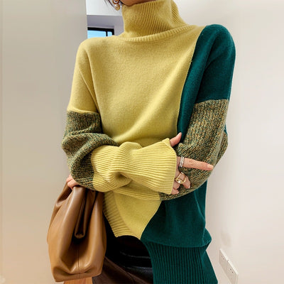 Yellow Green Contrast Turtleneck Sweater Women Harajuku Loose Knitted Pullover Autumn Fashion Casual Jumpers Streetwear Knitwear