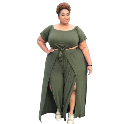 HLJ&amp;GG Casual Plus Size Women Clothing L-4XL Female Round Neck Top + High Slit Pants Two Piece Sets Fall 2pcs Outfits Tracksuits