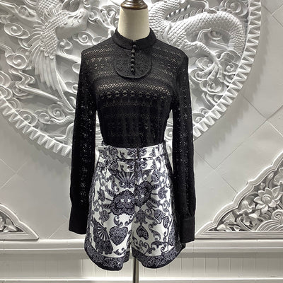 JUNLINNA Designer Fashion Autumn Two Piece Set Women Strecth Lace T-shirt+Jacquard Shorts Suit Party High Street Wear Lady