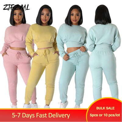 Bulk Items Wholesale Lots Autumn Winter Plush Women&#39;s Tracksuit Full Sleeve Warm Sweatshirt + High Waist Drawstring Jogger Pants