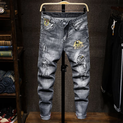 2021 Shredded hip-hop Jeans Men Zipper Skinny Jeans Men high-quality embroidered Cotton Jeans Men Long Destroyed Torn Holes Knee