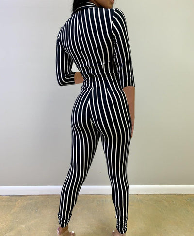 AHVIT Zipper Deep V Neck Women Jumpsuits Turn Down Collar Three Quarter Sleeve Skinny Romper Vertical Stripe Catsuits FDN8192