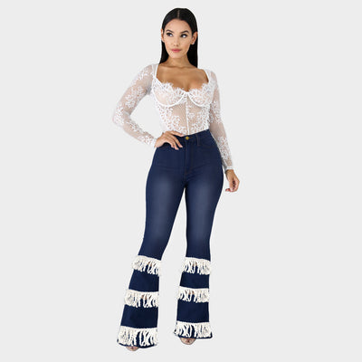 Wide Leg Stretchy Skinny Bottoms Denim Trousers Black Tassel Patchwork Flare Jeans for Women Vintage Streetwear Cake Mom Jeans