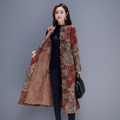 2021 Autumn Winter Women Parkas Chinese Style Cheongsam Long Coat Female Jacket Plus Size Thick Warm Cotton Coat Outerwear 11708