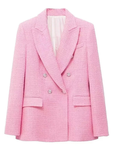 XNWMNZ 2022 Women's Fashion Autumn Pink Textured Double Breasted Suit Jacket Woman Casual Long Sleeve Pockets Female Chic Blazer