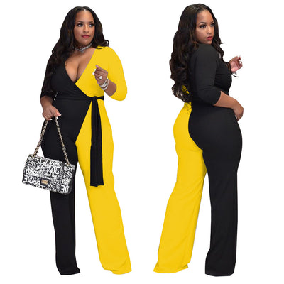 Plus Size Women 5xl Jumpsuits Patchwork One Piece Outfit Fashion V Neck Belt Jumpsuit 2022 Autumn Wide Leg Pants Wholesale