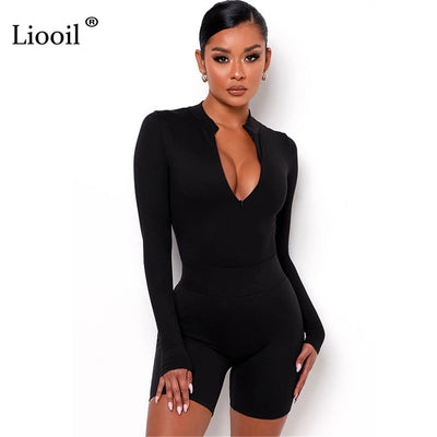 Jeyzy Two Piece Tight Set Women Bodysuit Tops And Shorts Long Sleeve Zip Up Black White Khaki Sexy Bodycon Outfits 2pcs Sets