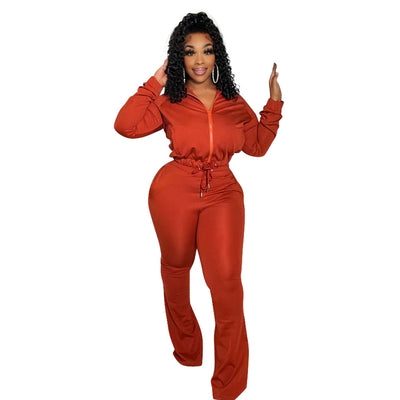 Simple Casual Two Piece Pant Suits Women Tracksuit Zipper Up Long Sleeve Drawstring Crop Jacket+elastic Waist Flare Pant Outfits