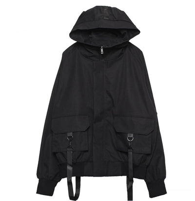 Ribbons Zipper Cargo Jackets Coats Man Techwear Winter Hooded Windbreaker Jacket Thick Hip Hop Streetwear Loose Outwear Trench