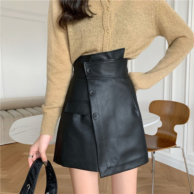 2021 new design sense irregular PU leather shorts skirt women&#39;s fall/winter oversize cover belly slim leather shorts