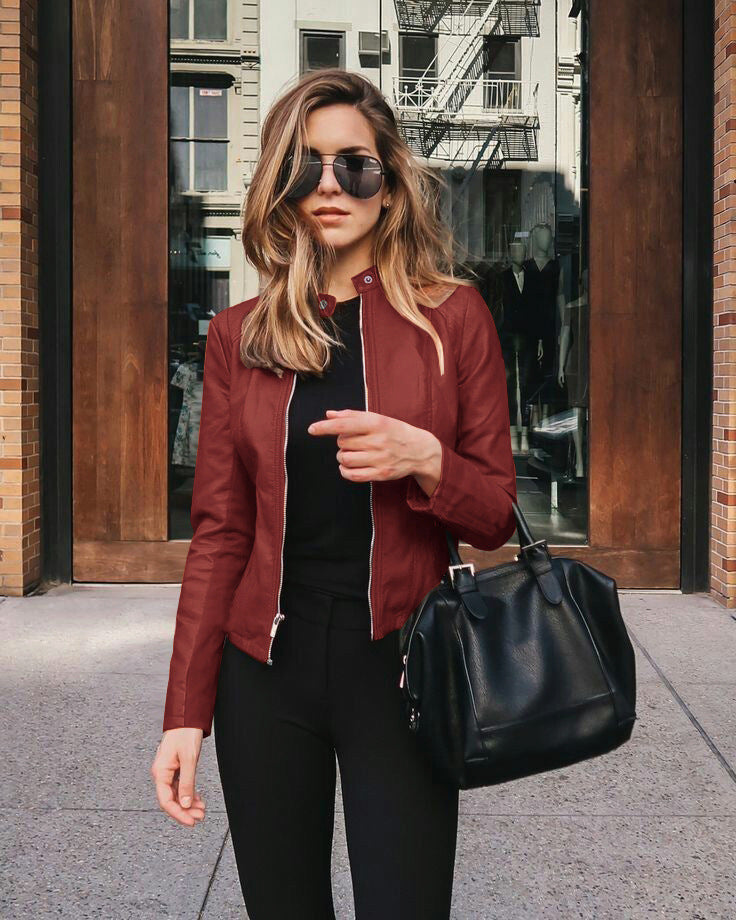 Women&#39;s Casual Zipper Autumn Leather Jacket Fashion Long Sleeve O-neck Solid Color Women&#39;s Jacket 2021 Black Slim Fit Pu Coat