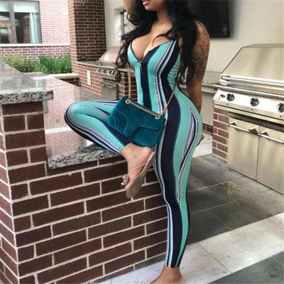 2021 Summer Fashion Tight-fitting elastic Sexy Multicolor Striped Women Rompers Spaghetti Strap Halter Bodycon Women Jumpsuits