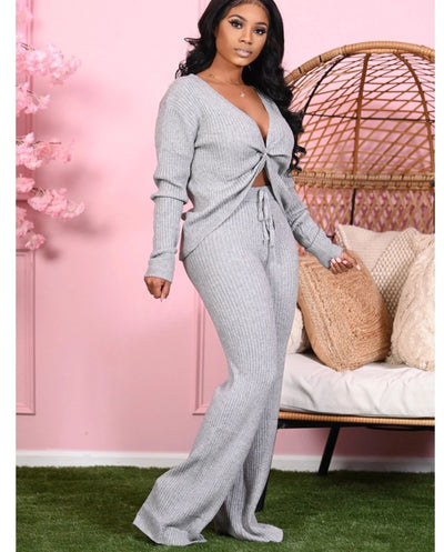 2022 Womens Sexy 2 Piece Jumpsuit Outfit Ribbed Reversible V Neck Long Sleeve Top and Wide Leg Pant Set