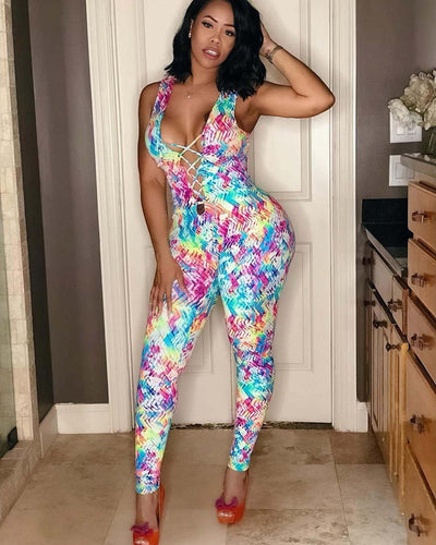 AHVIT Multi Color Printed Off The Shoulder Straps Women Jumpsuit Deep V Neck Sleeveless Bow Decorate Sexy Romper MOS-M894